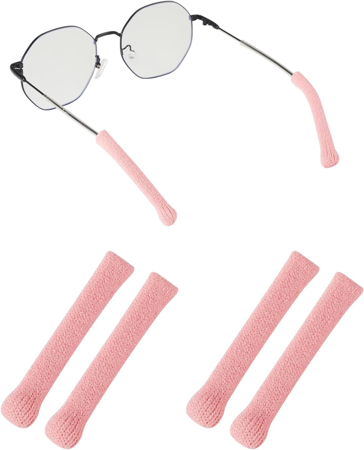 Upgrade Soft Knitting Cotton Glasses Ear Cushion, Eyeglasses Temple Tips Sleeve Retainer, Anti-Slip Elastic Eyeglasses Ear Grips for Glasses Sunglasses- Eye glasses Ear Cushions (2pairs Pink)