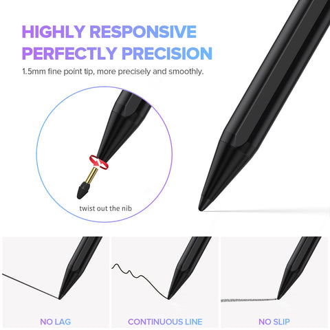 Stylus Pen 2X Fast Charge Active Pencil Compatible with 2018-2024 Apple iPad Pro 11"/12.9"/M4, iPad Air 3/4/5/M2, iPad 6-10, iPad Mini 5/6 Gen-Black