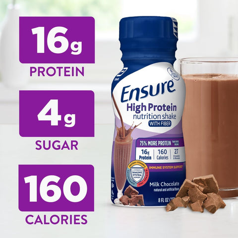 Ensure High Protein Bottled Milk Chocolate Nutrition Shake with Fiber, Ready to Drink, 16g Protein and 27 Vitamins and Minerals, 8 fl oz, 24 Pack