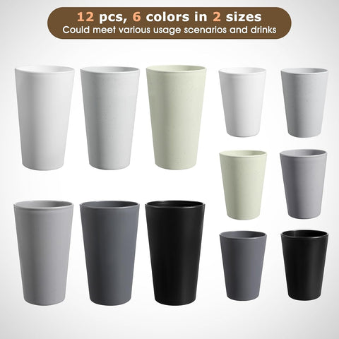 HEYCOME Set of 12 Wheat Straw Cups, 6 Pcs 20 oz & 6 Pcs 12 oz Unbreakable Drinking Cups, Reusable Plastic Cups Sets, Water Glasses Tumblers, Microwave & Dishwasher Safe, Bpa Free, 6 Colors