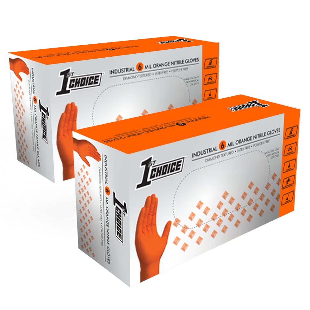 1st Choice Orange 6 mil Nitrile Disposable Gloves Diamond Grip XXL 200
