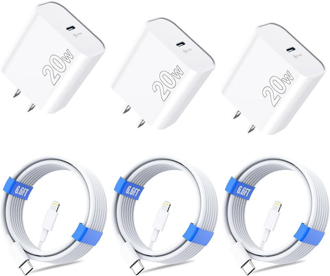 for iPhone 14 13 12 11 Charger Fast Charging [MFi Certified], 3-Pack 20W PD USB C Wall Charger Block with 6.6ft USB C to Lightning Cable Compatible with iPhone 14 Pro Max/Pro/Plus/Mini/iPad & More