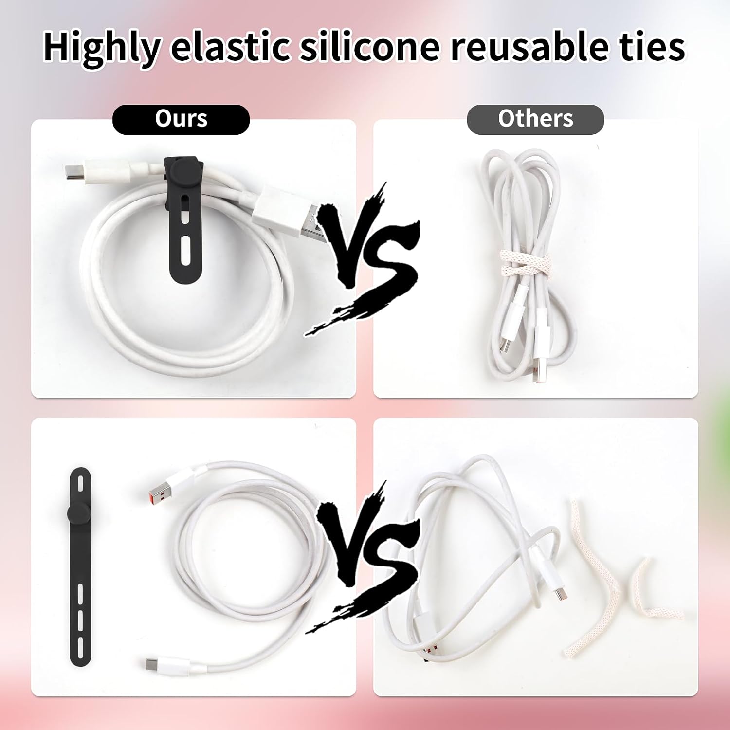 Oligei 25 Pcs Silicone Cable Ties, Cable Ties Reusable, High Elasticity Cord Wraps for Electrical Cords, Cord Organizer for Earphone, Phone Charger(Black)