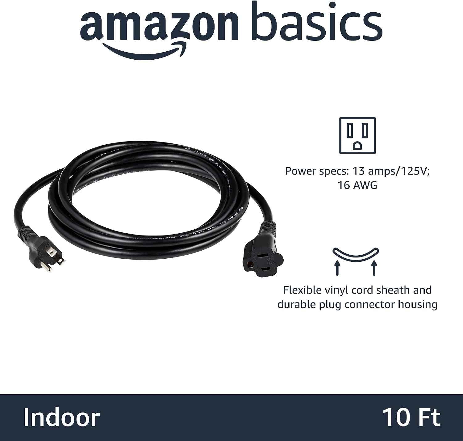 Amazon Basics Extension Cord, 10 Ft, 3-Prong Outlet Extender, Indoor, 13 Amps, 125V, Black, 2-Pack