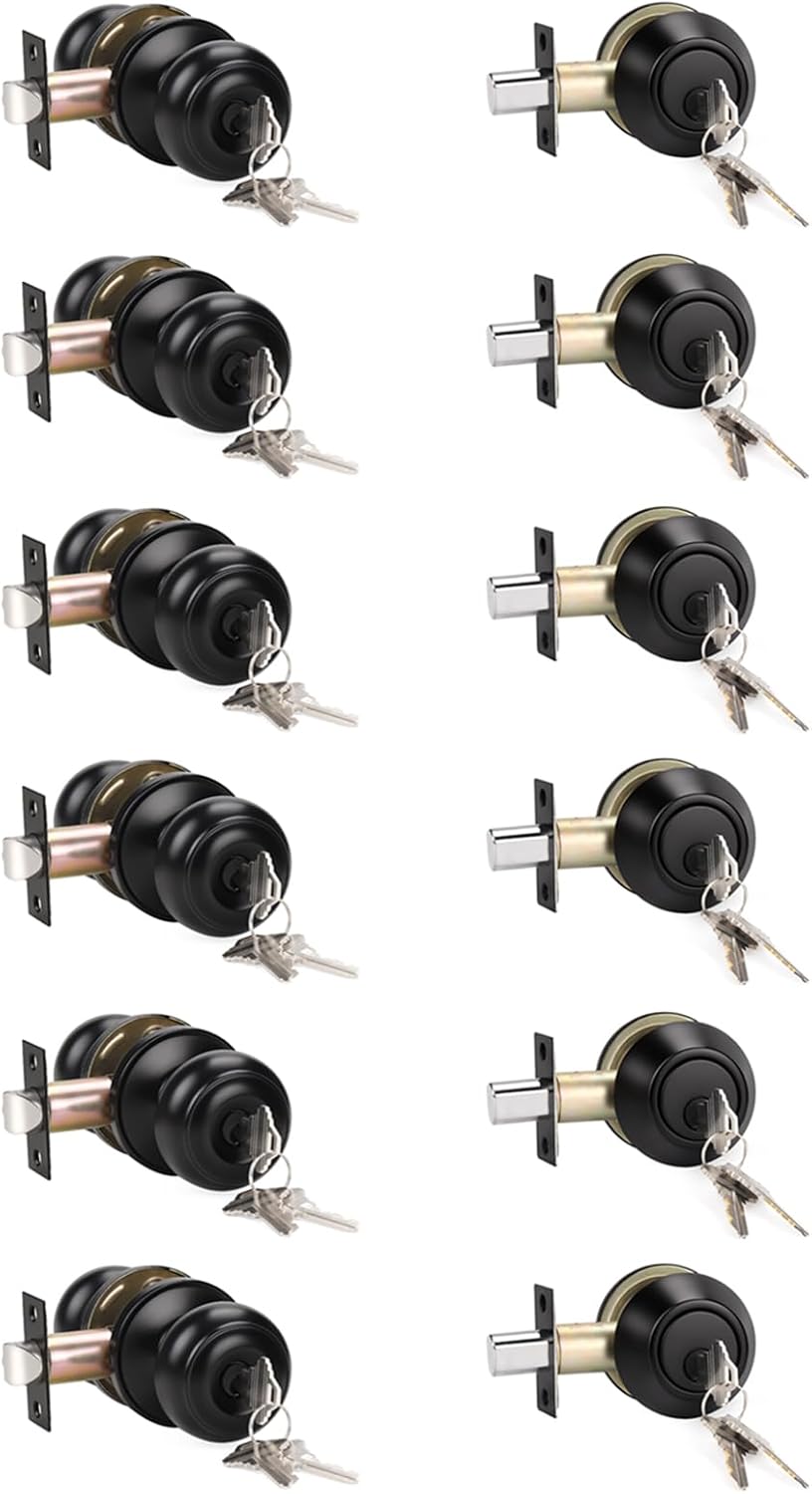 KNOBWELL 6 Pack Entry Door Knob and Single Cylinder Deadbolt Combo Set in Matte Black, Keyed Alike Exterior Door Lock Set with Deadbolt, Door Locks for Entrance and Front Door