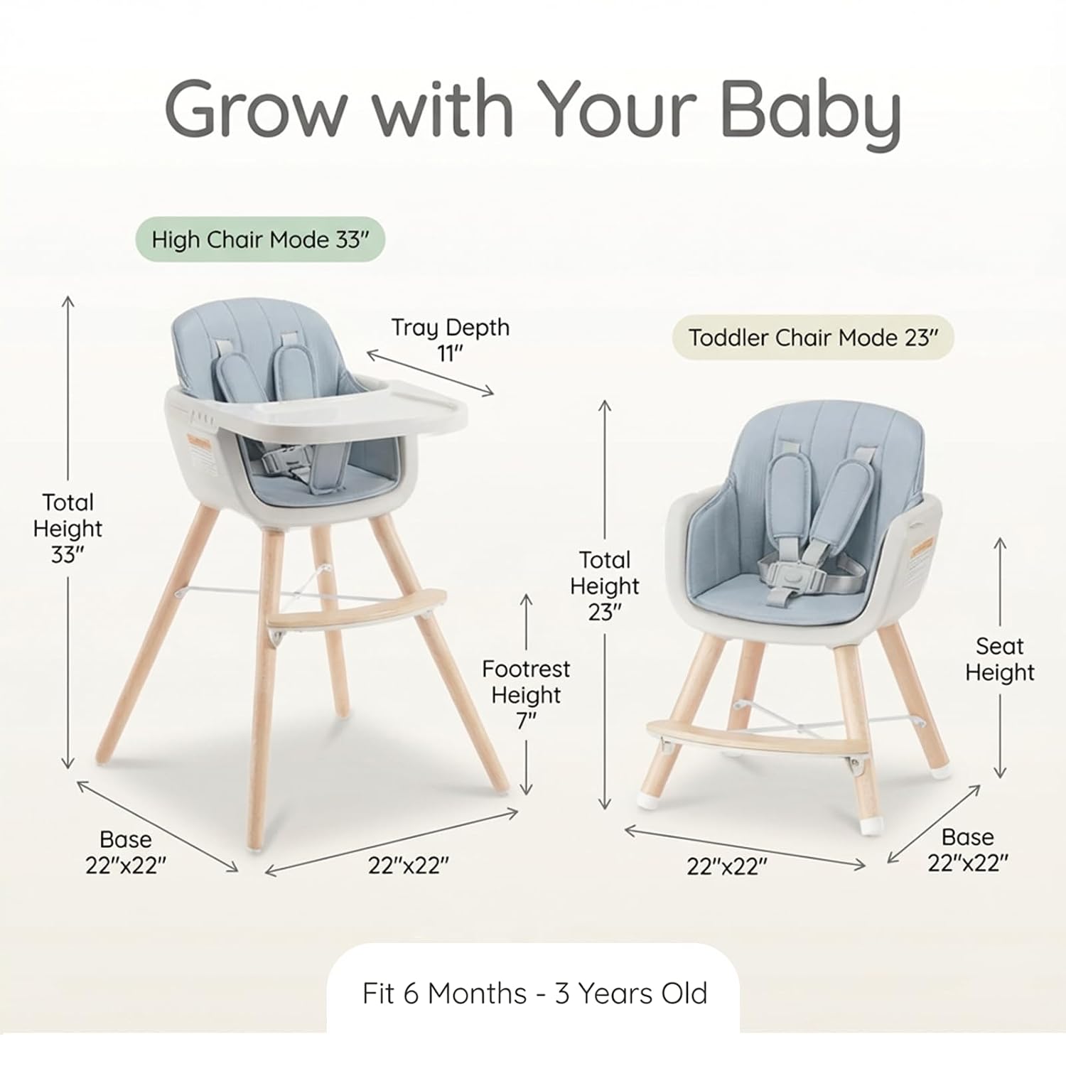 Mallify 3-in-1 Wooden High Chair, Convertible High Chairs for Babies and Toddlers, Baby Highchair with Adjustable Legs & Dishwasher-Safe Tray, Sleek Hardwood & Premium PU Cushion, Blue