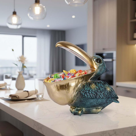 Pelican Key Holder Statues,Fun Animal Hippo Candy Dish,Candy Dish for Office Desk Unique,Modern Key Holder for Pelican Figurine,Suitability Desk bowl and Entry Table Decor Item (Green Gold)