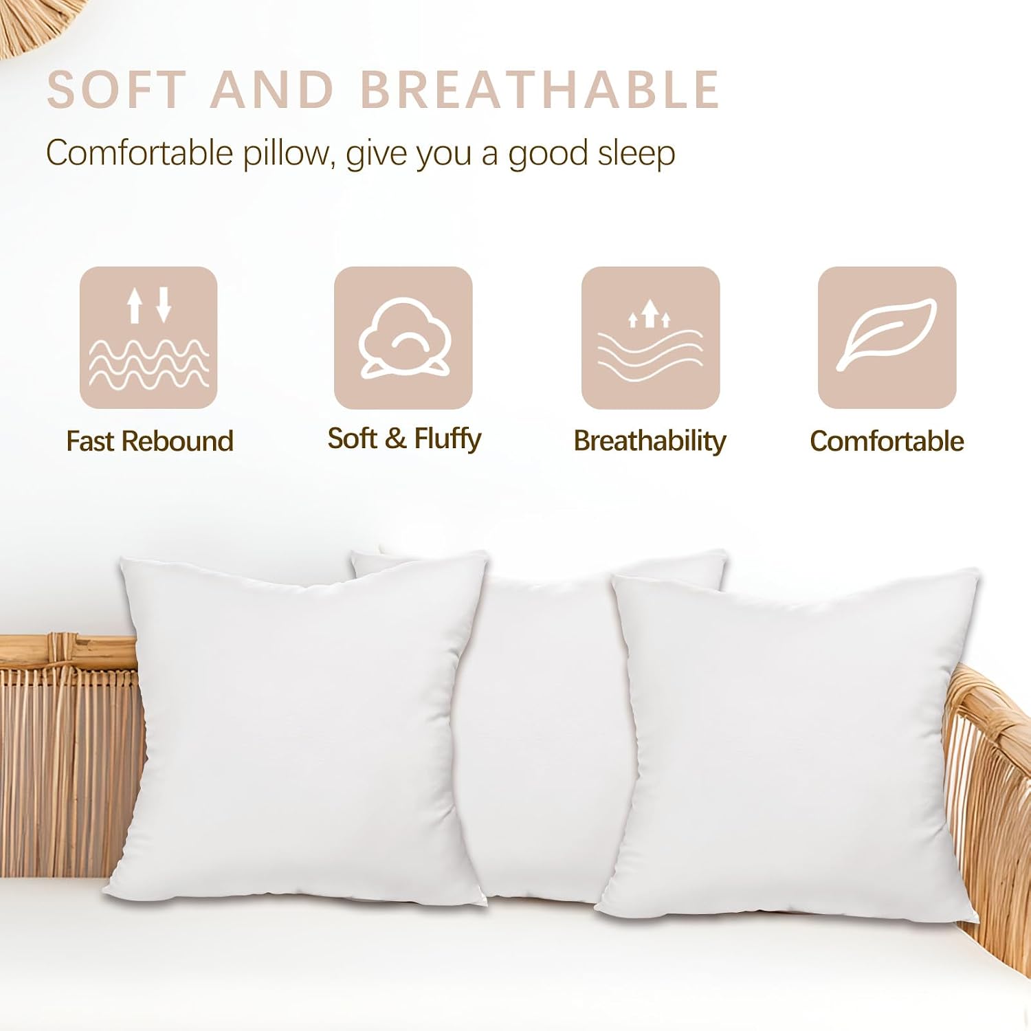 Throw Pillows Insert Set of 2, White 24x24 in Pillow Inserts with 100% Cotton Cover,Bed and Couch Decorative Stuffer Pillows,Indoor Pillows for Sofa