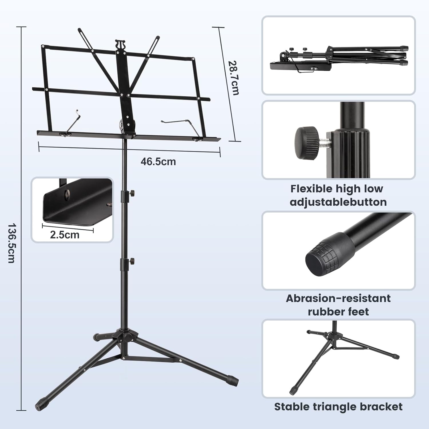 New Bee Music Stand Foldable & Portable Metal Sheet Music Stand with Carrying Bag, Adjustable Podium Stand with Tripod Base and Sheet Music Folder - Black