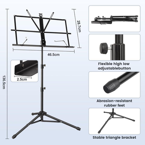 New Bee Music Stand Foldable & Portable Metal Sheet Music Stand with Carrying Bag, Adjustable Podium Stand with Tripod Base and Sheet Music Folder - Black