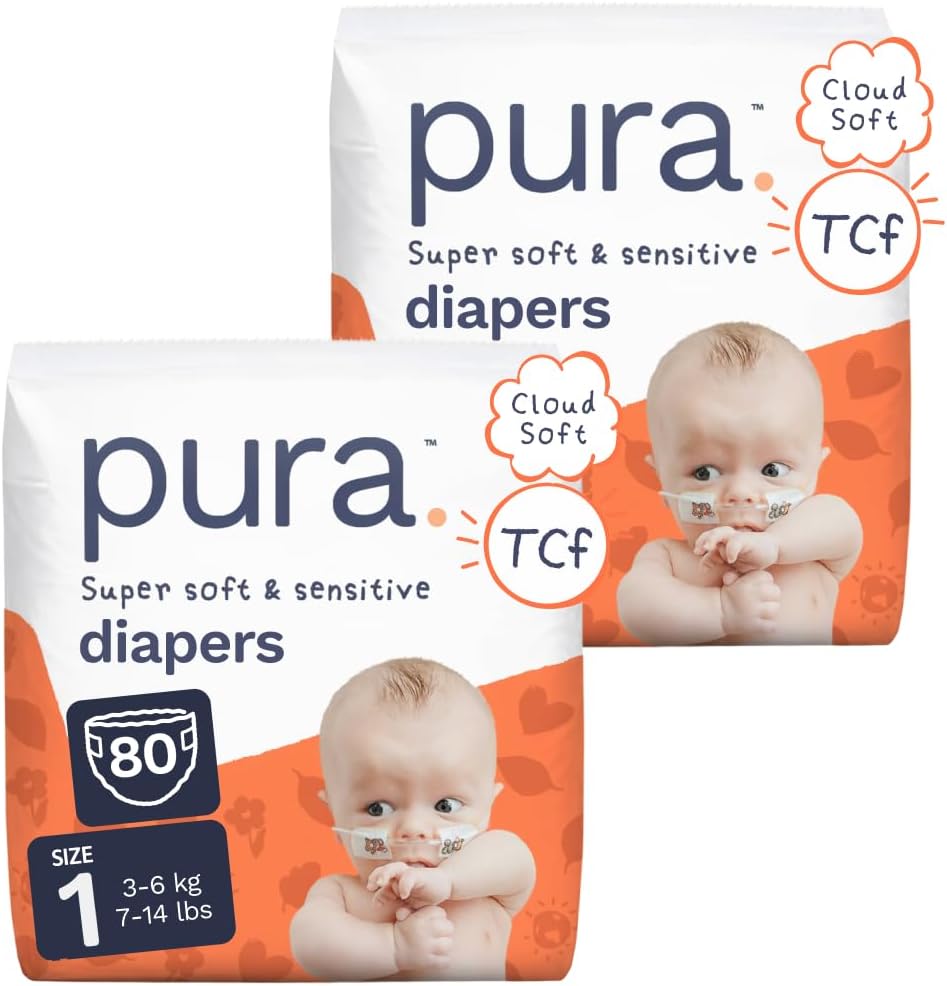Pura Baby Diapers Size 1 (7-14 lbs) 80 Count Sensitive Skin
