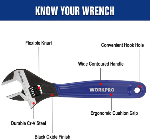 WORKPRO 2-Piece Adjustable Wrench Set, 6-Inch & 10-Inch Wide Jaw Wrenches