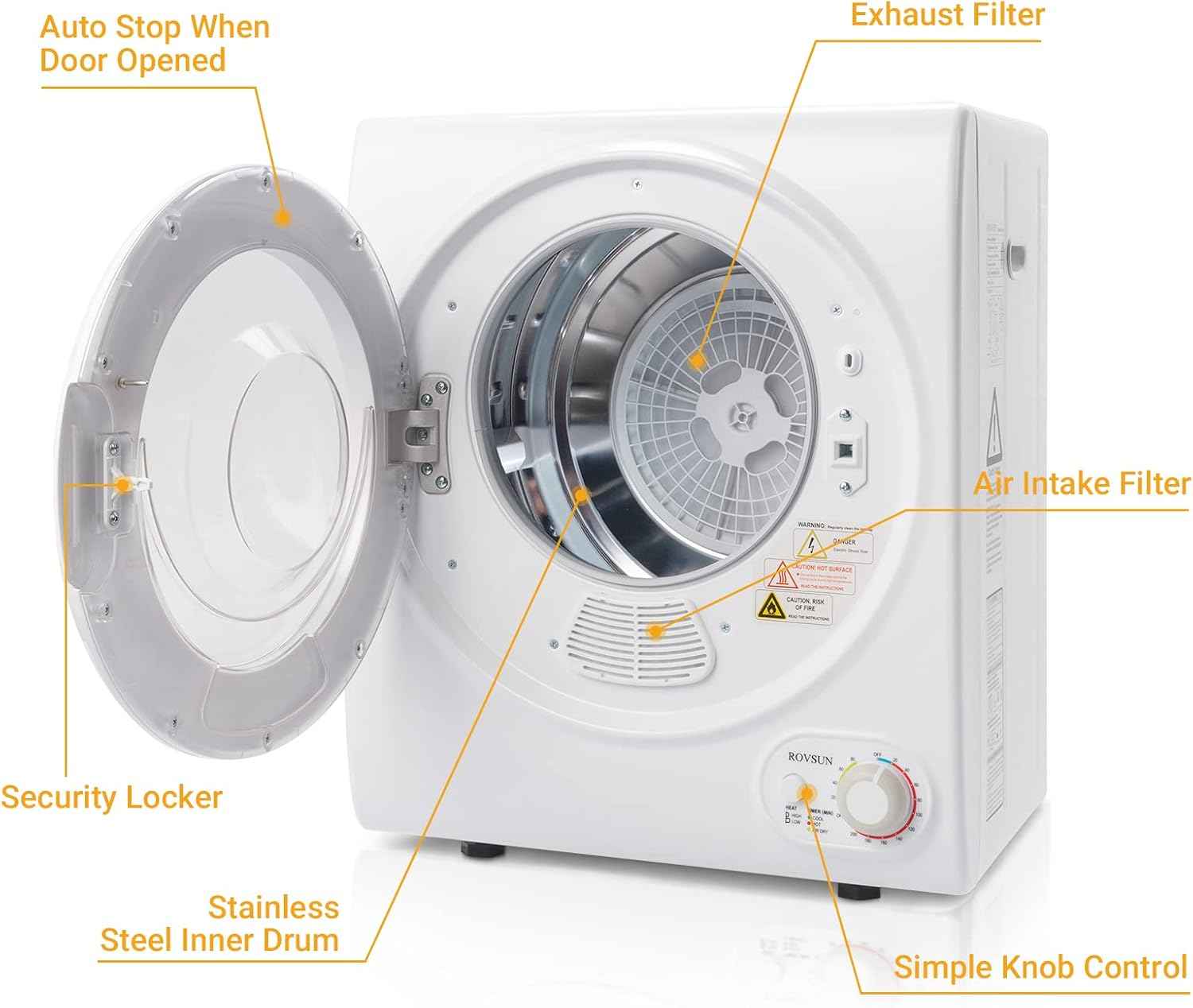 Bonnlo Portable Clothes Dryer, Front Load Electric Dryers Machine, Compact Laundry Dryers with Stainless Steel Tub, for Home, Apartment, Dorm, White (Classic Knob Control)