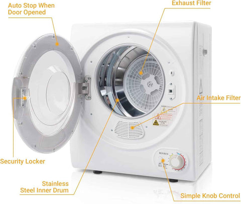 Bonnlo Portable Clothes Dryer, Front Load Electric Dryers Machine, Compact Laundry Dryers with Stainless Steel Tub, for Home, Apartment, Dorm, White (Classic Knob Control)
