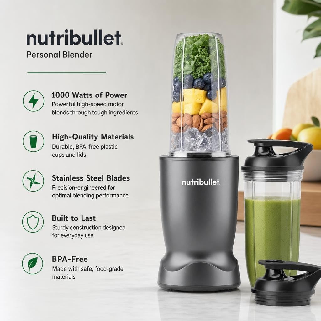 nutribullet Turbo Personal Blender, Shakes, Smoothies, Food Prep, and Frozen Blending, 32 Ounce Cup, 24 Ounce Cup, (2) Flip-top Travel To-Go Lids, 1000 Watt, Gunmetal, NB50400