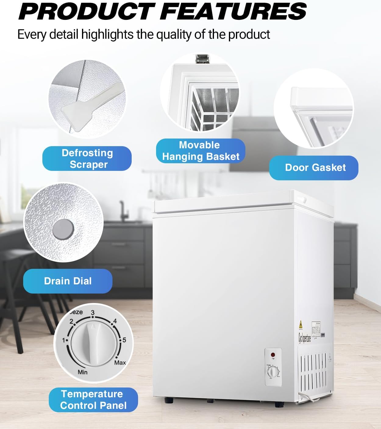6.0 Cu.ft Chest Freezer, Top Open Door Deep Freezer with 7 Adjustable Thermostat (-18°F to 50°F), Compact Freezer with Removable Basket for Home/Garage/Office, White