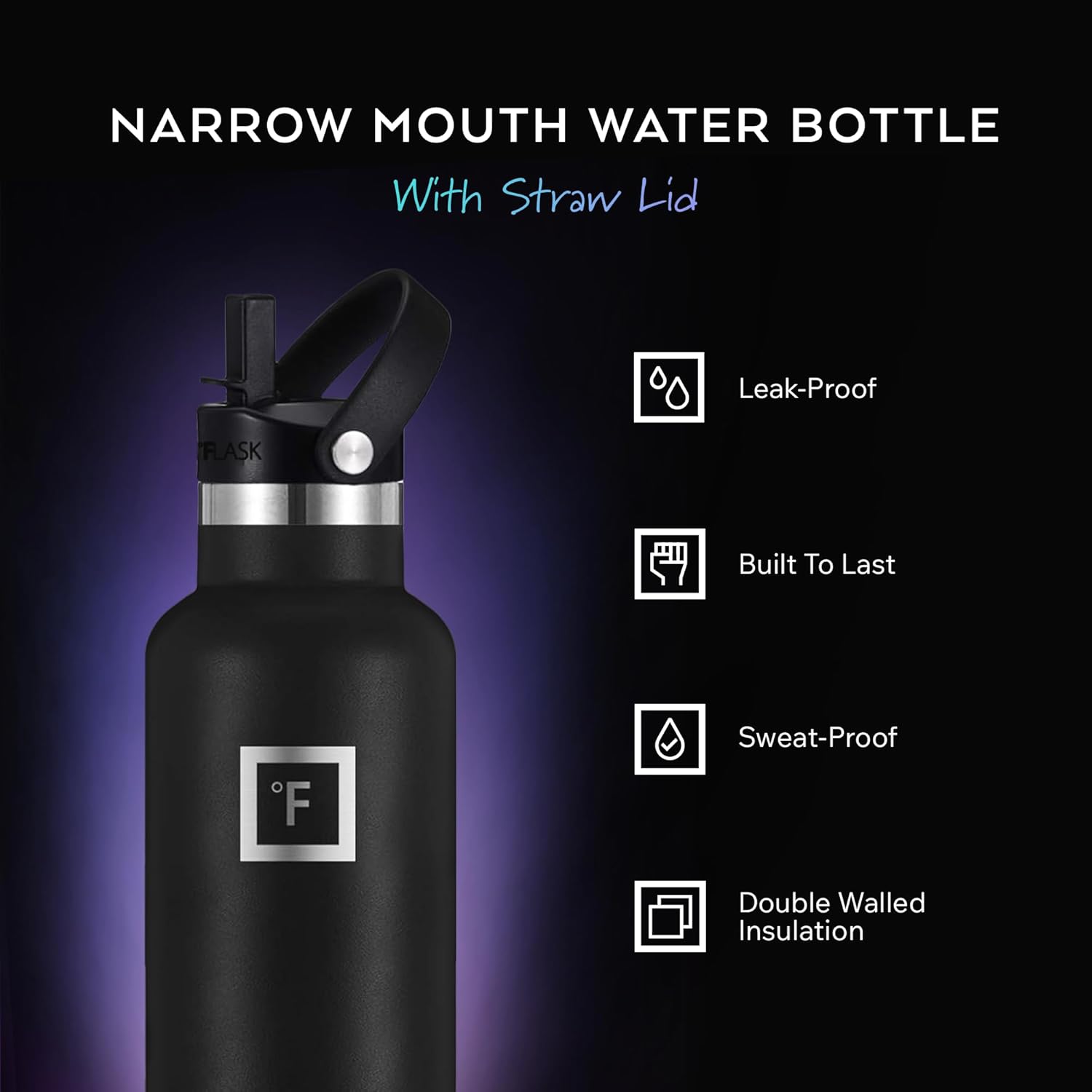 IRON °FLASK 24 oz Narrow Mouth Water Bottle with 3 Lids