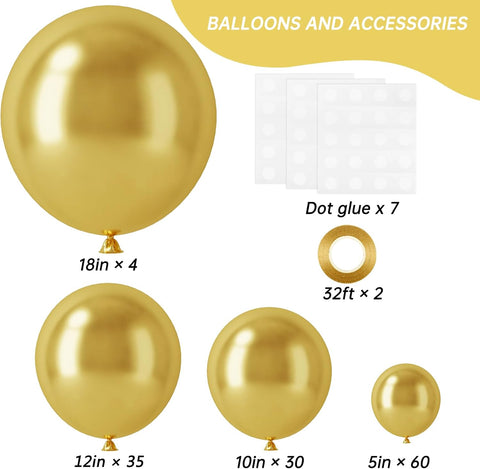 RUBFAC Gold Balloons Different Sizes Chrome Gold Balloon Arch Kit 129pcs