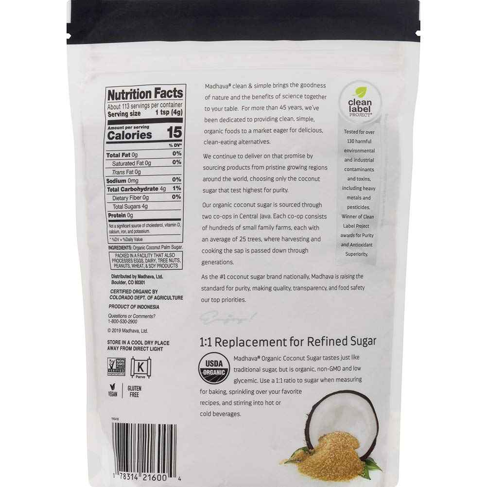 MADHAVA Organic Coconut Sugar (1LB, Pack of 6), Natural Sweetener, White Sugar Alternative for Baking and Cooking, Clean Coffee & Tea Sweetener, Vegan, Organic and Non-GMO
