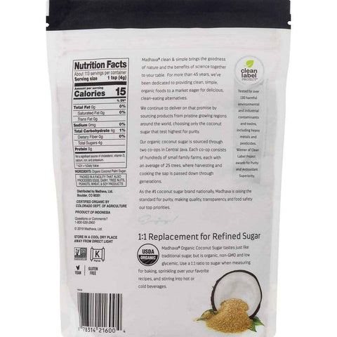 MADHAVA Organic Coconut Sugar (1LB, Pack of 6), Natural Sweetener, White Sugar Alternative for Baking and Cooking, Clean Coffee & Tea Sweetener, Vegan, Organic and Non-GMO