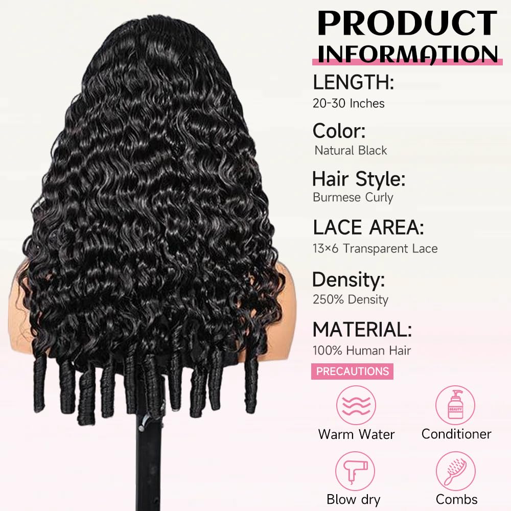 Burmese Curly Wig Human Hair 13x6 Lace Front Wigs Human Hair 250 Density HD Lace Frontal With Drawstring Wigs Pre Plucked Virgin Remy Hair with Spiral End Natural Color 20 Inch