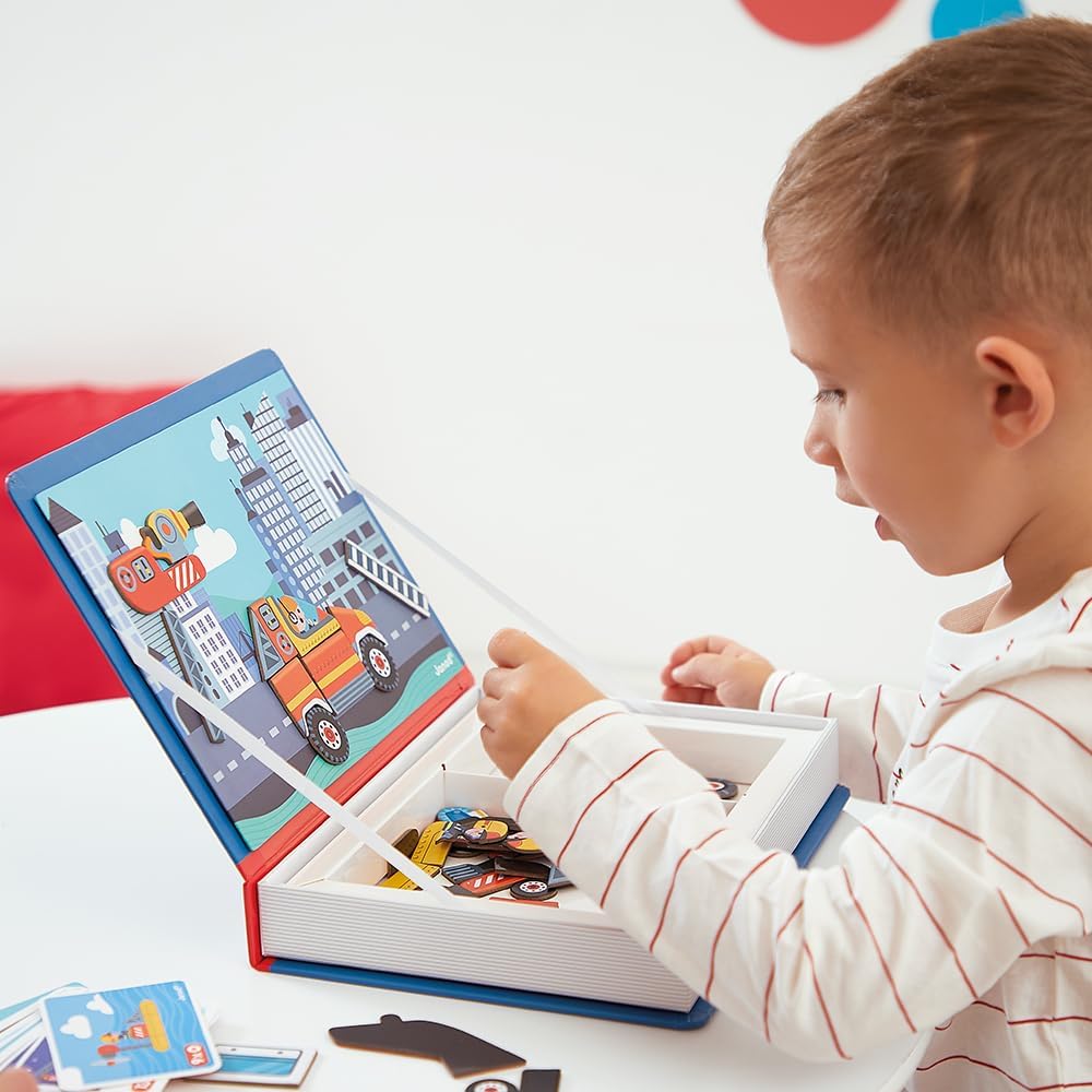 Janod - Magnéti'Book Firefighters - Magnetic Educational Game 60 Magnets + 18 Models - Children's Toy Made of Cardboard - Develops Dexterity and Creativity - Suitable for Ages 3 and Above