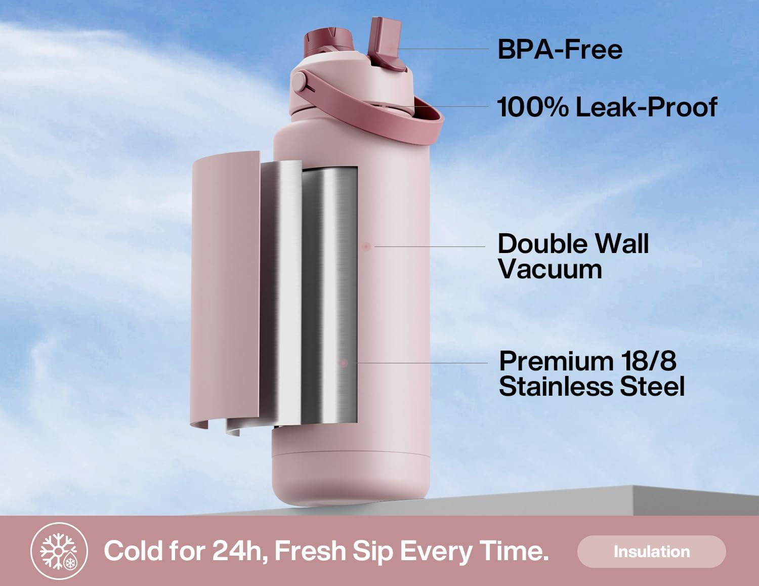 POWCAN 40 oz Insulated Water Bottle with 2-in-1 Straw and Spout Lid, Keep Cold 24H, Leak-Proof, BPA-Free, Double Wall Stainless Steel Water Bottle for Sports, Gym, Travel, and School (Dried Rose)