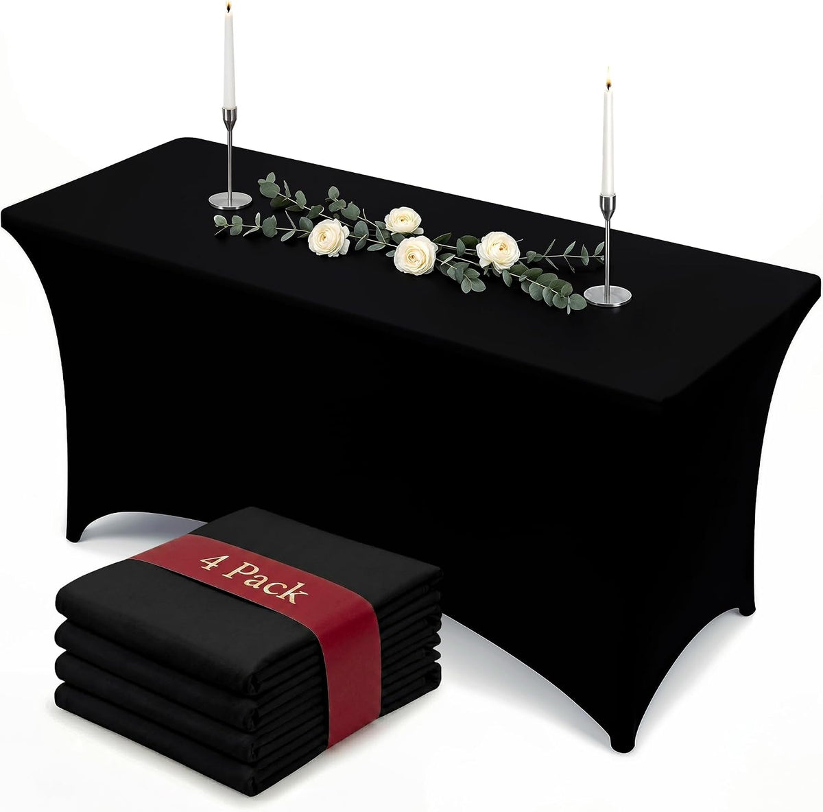 Utopia Kitchen Spandex Table Cloth 4 Pack [6FT, 72Lx30Wx30H Inch, Black]