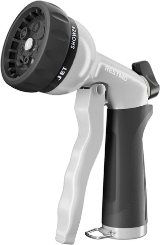 RESTMO Garden Hose Nozzle, Heavy Duty Metal Water Nozzle with 7 Adjustable Spray Patterns, High Pressure Hand Sprayer with Flow Control, for Watering Plants & Lawns, Washing Cars & Pets, Black