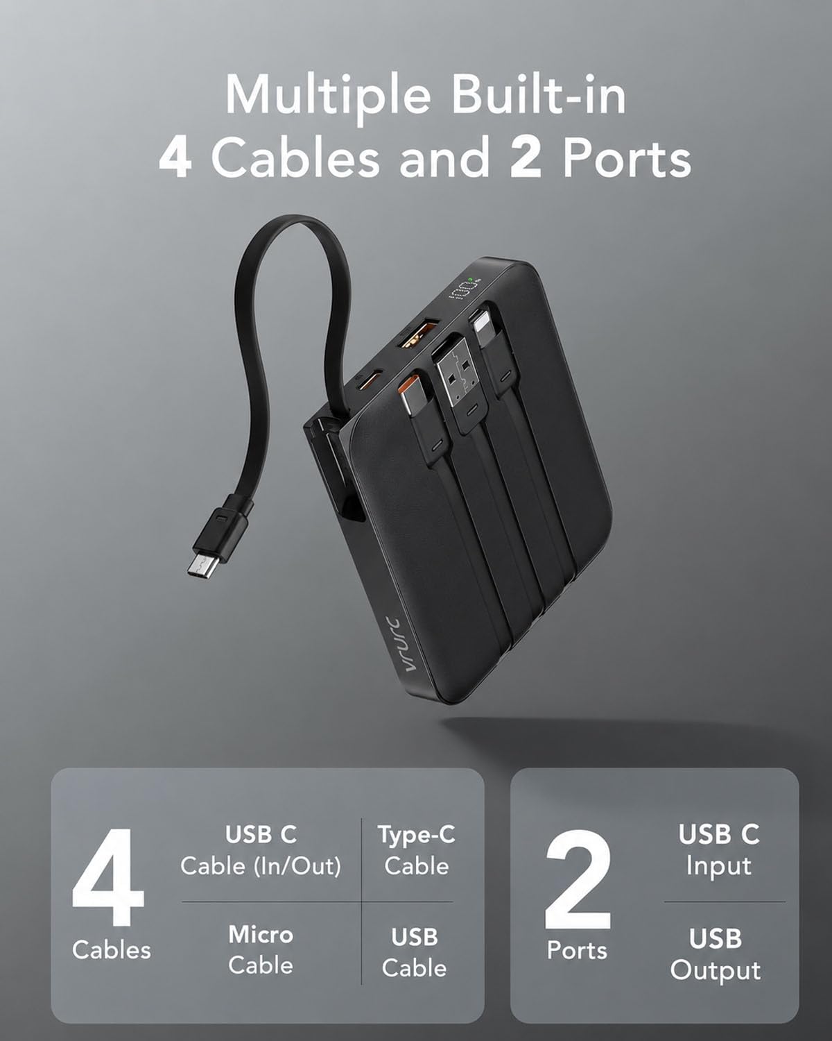 VRURC Portable Charger with Built-in Cables, 10000mAh 22.5W Fast Charging