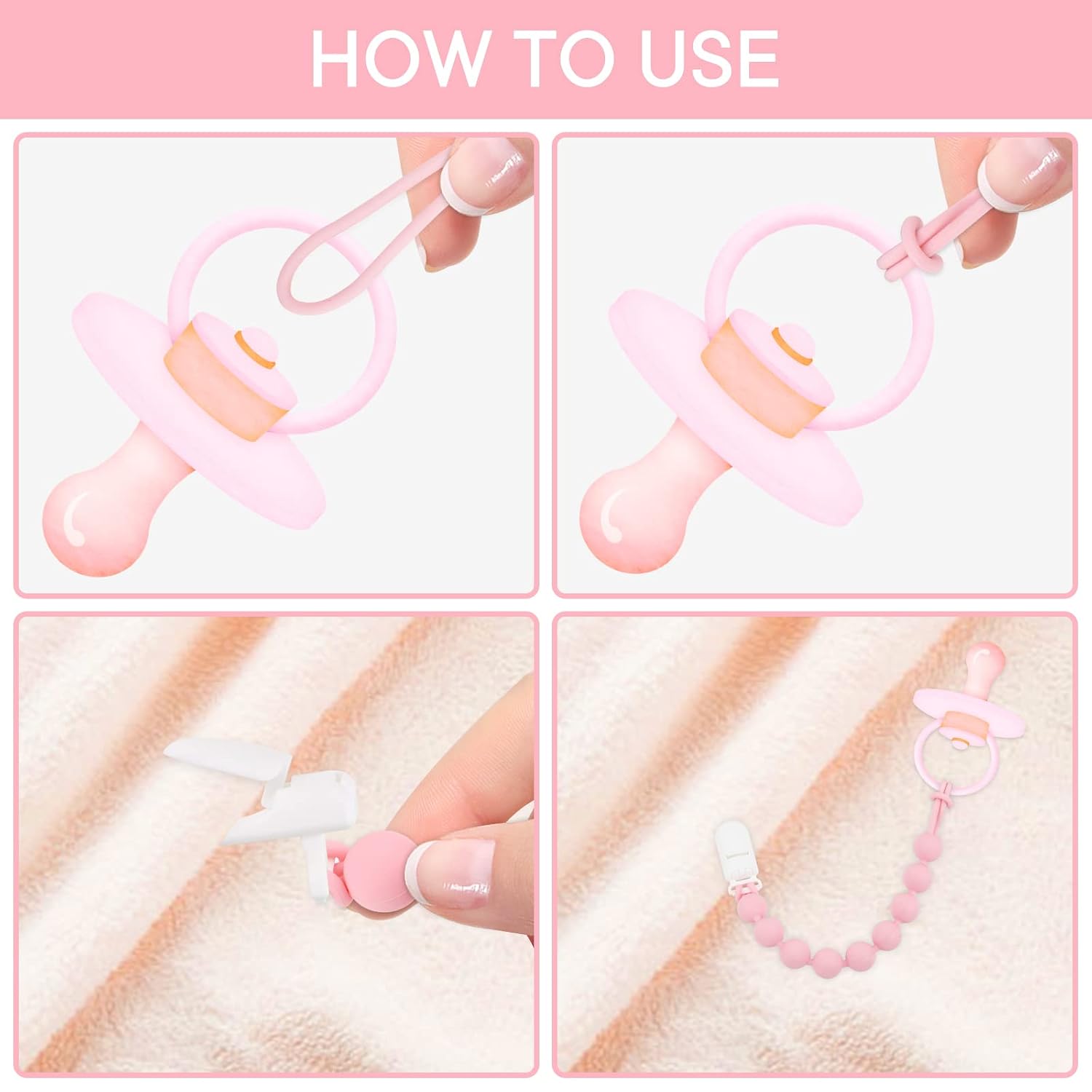 Baby Girl Newborn Essentials, 4 Pack Silicone Pacifier Clips for Girls