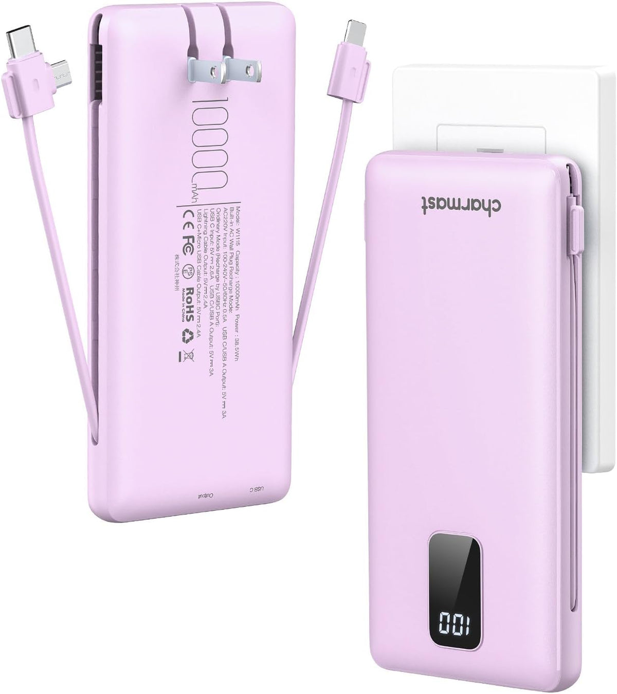charmast Portable Charger Power Bank Built in Cables,10000mAh Battery Pack