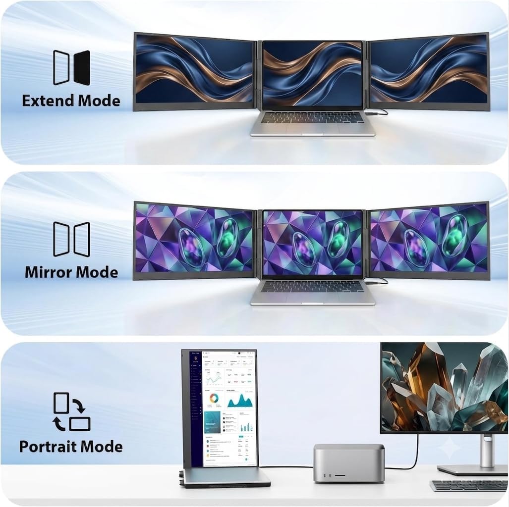 APILDELLA 15.6'' Triple Laptop Screen Extender One Cable Connection, 1080P FHD Laptop Extended Monitor Portable with Speaker, Ultra-Slim Travel Monitor for 13-17.3" Laptops, Work with Mac, Window