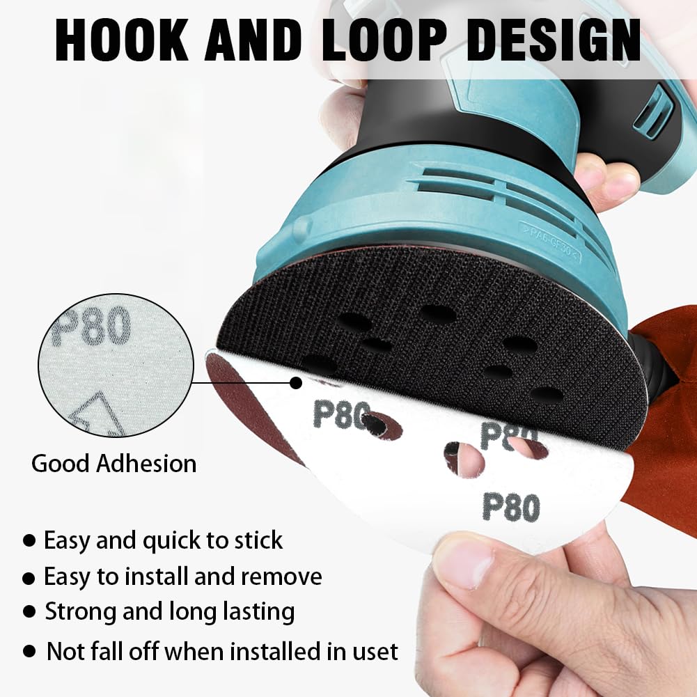 52 Pack 5 Inch 8-Hole Hook and Loop Sanding Discs Sandpaper Red Round 80 Grit Sandpaper for Random Orbital Sander