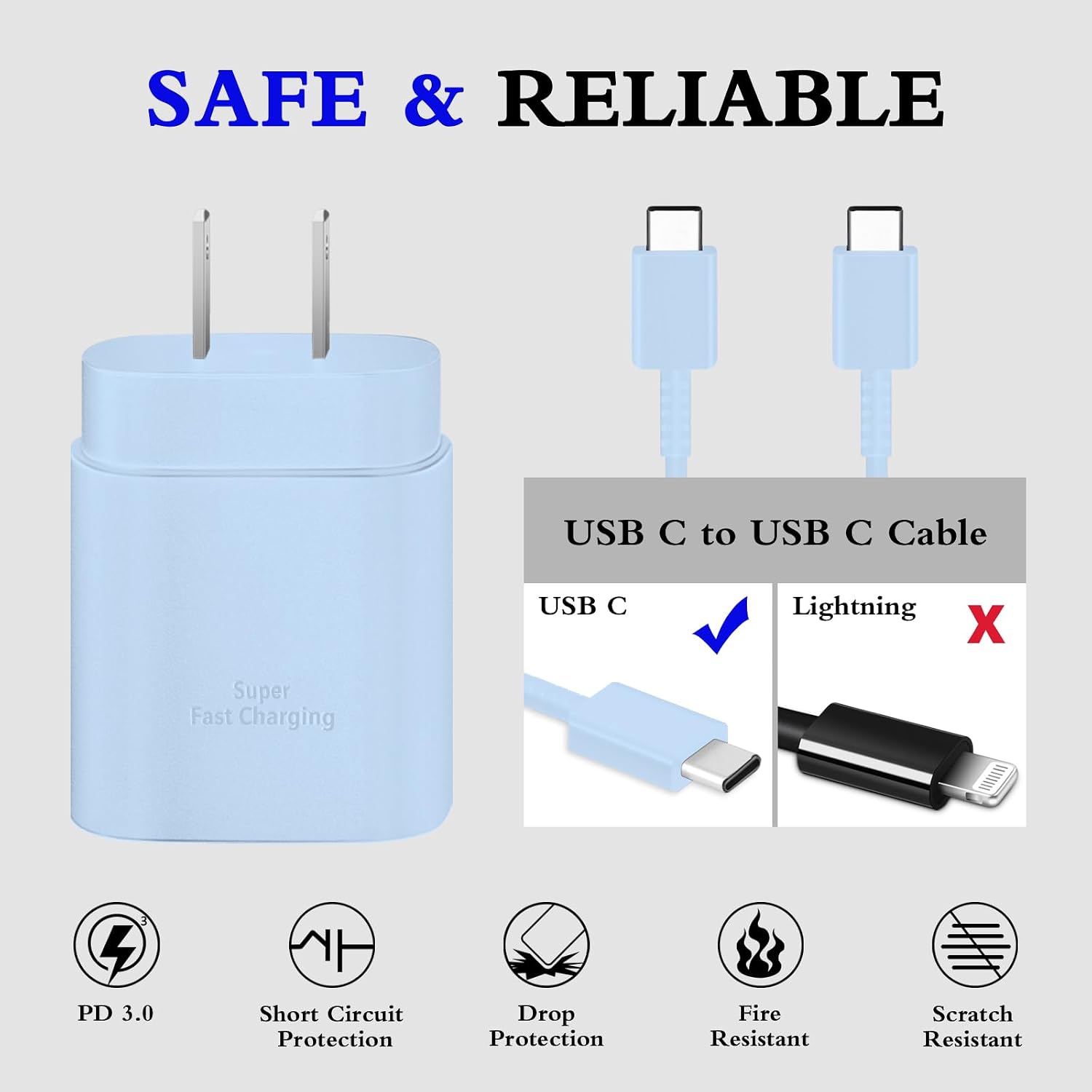 Type C Charger, 2-Pack 25W Type C Fast Charging Block with 6ft USB C Charger Cable Compatible with Galaxy S23 Ultra/S23+/S22/S21/S20/Phone 16/16 Plus/16 Pro Max/15/15 Pro Max/15 Plus-Blue