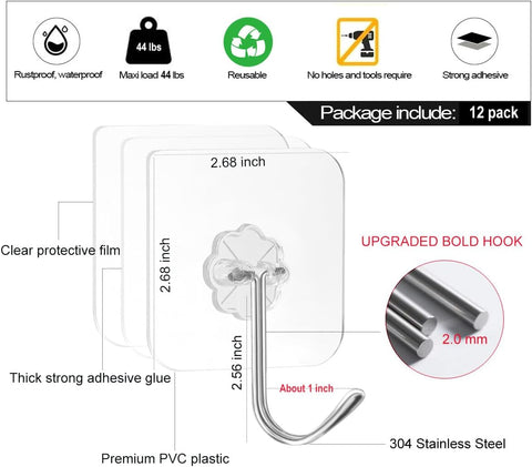 ZESLMG Adhesive Wall Hooks No Damage for Hanging, 12 Pack Large Self Sticky Hooks Heavy Duty 44lb Removable, Clear Hook for Shower Towel Coat Key Picture Wreath Outdoor Bathroom Kitchen, Waterproof