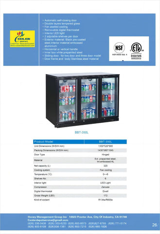 Beer Back Bar Cooler 3 Glass Door (Swing Door) 53" Width Beer Fridge NSF Certified Beverage Refrigerator 11.8 cu.ft Under Counter Height 35°-46°F Black bb3dup