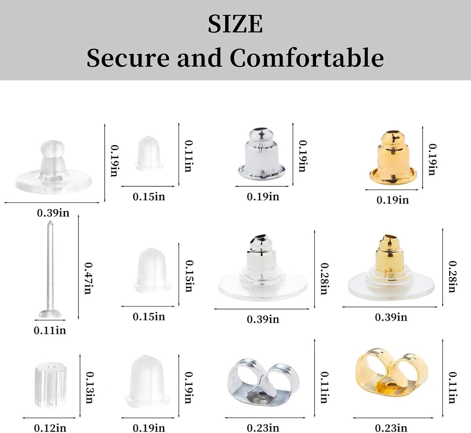 Nkwuire 12 Styles 600 Pcs Earring Backs for Studs, Clear Plastic Earrings Metal Rubber Silicone Earring Backs Bullet Clutch Stoppers Replacement Kits for Fish Hook Earring Studs Hoops