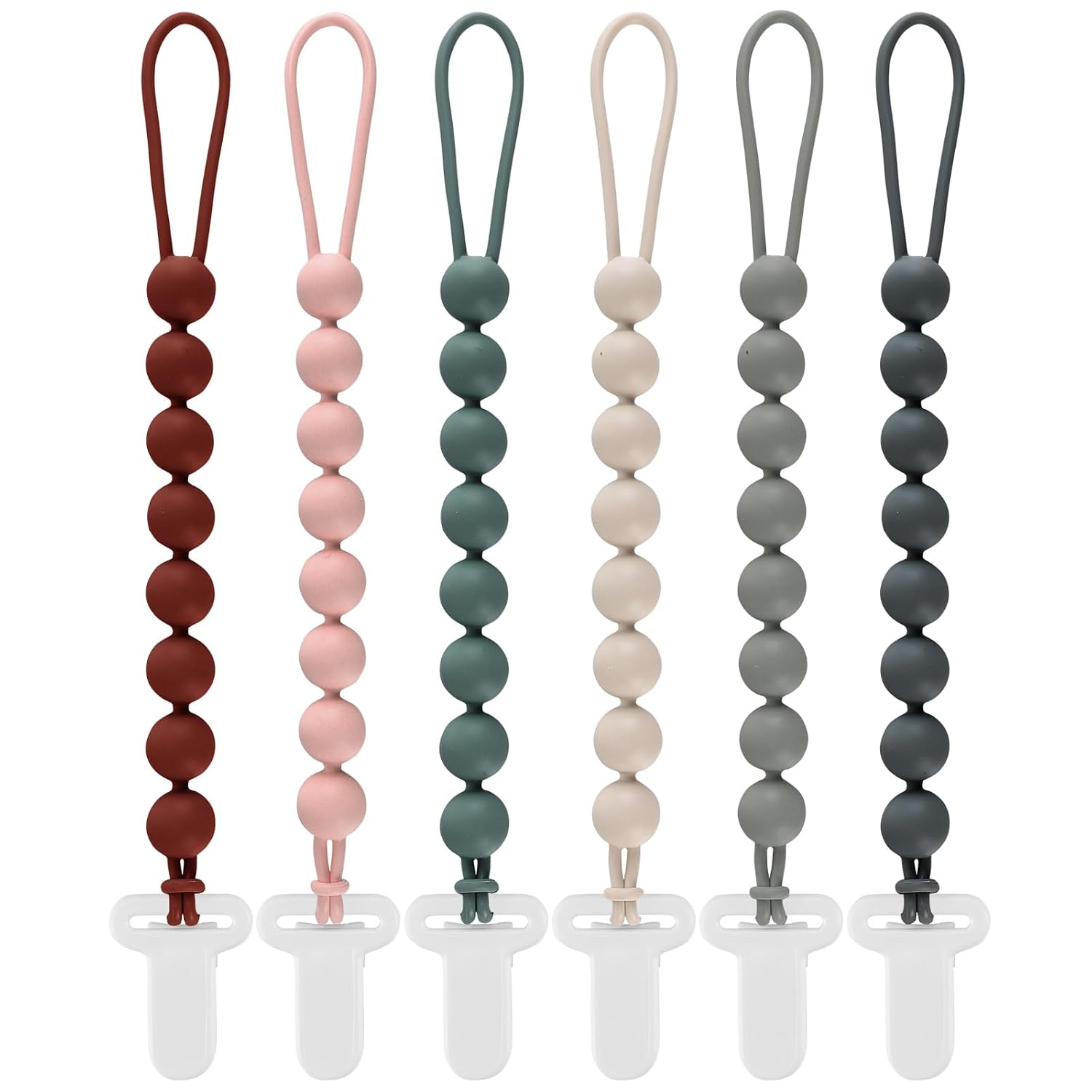 6-Pack Silicone Pacifier Clips for Babies, Safe Teething Beads, Rust-Free Holders, Baby Boy and Girl Essentials, Newborn Must-Have Accessories