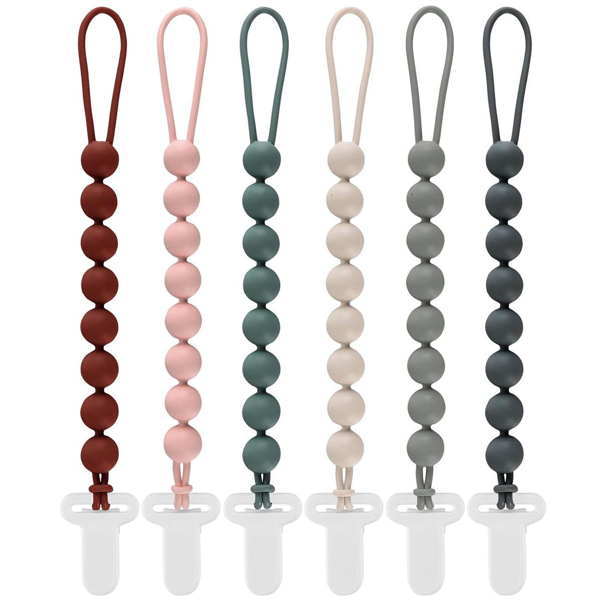 6-Pack Silicone Pacifier Clips for Babies, Safe Teething Beads, Rust-Free Holders, Baby Boy and Girl Essentials, Newborn Must-Have Accessories