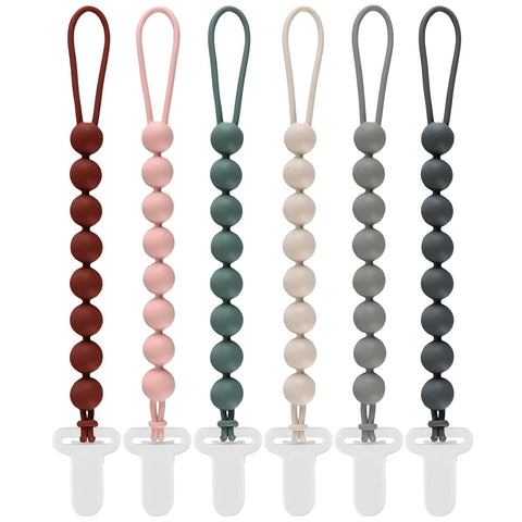 6-Pack Silicone Pacifier Clips for Babies, Safe Teething Beads, Rust-Free Holders, Baby Boy and Girl Essentials, Newborn Must-Have Accessories