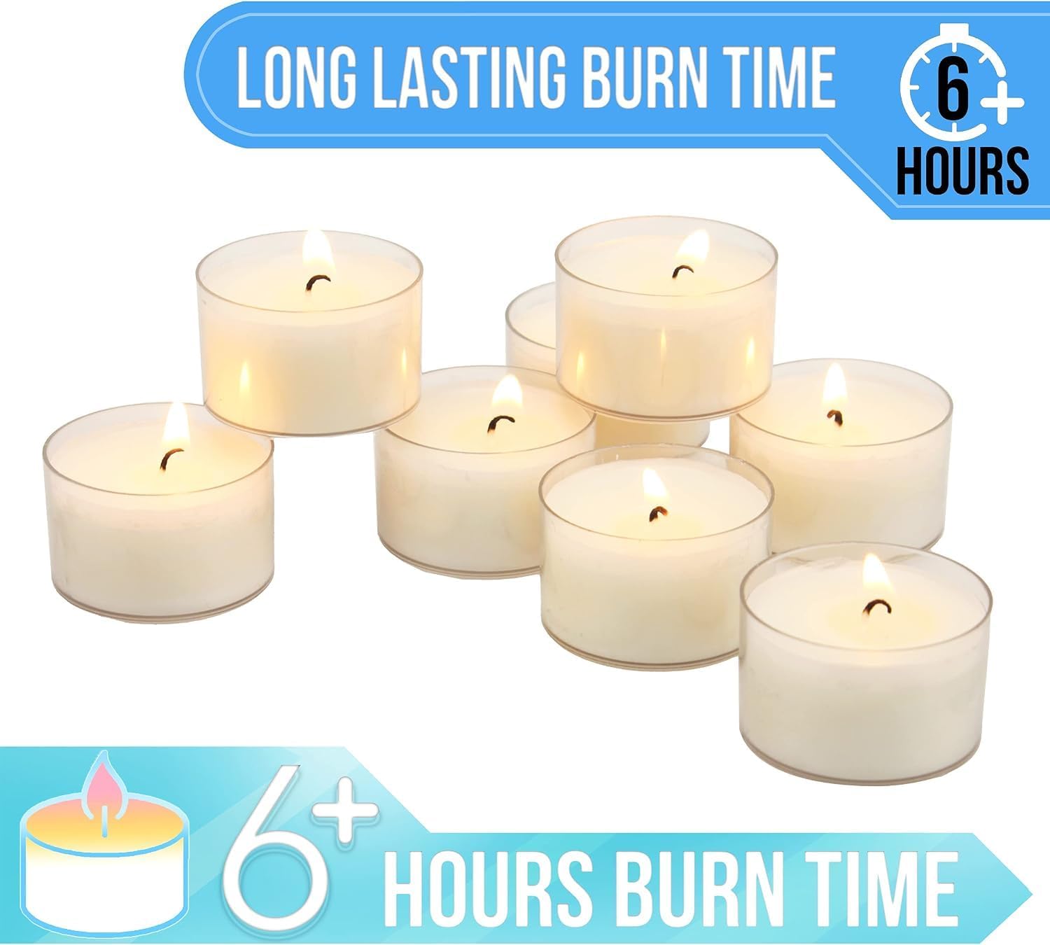 Stonebriar Tea Light Candles — 6 to 7 Hour Burn Time, Unscented Long-Lasting Clear Cup Candles for Home Décor & Special Occasions, Pack of 24, White