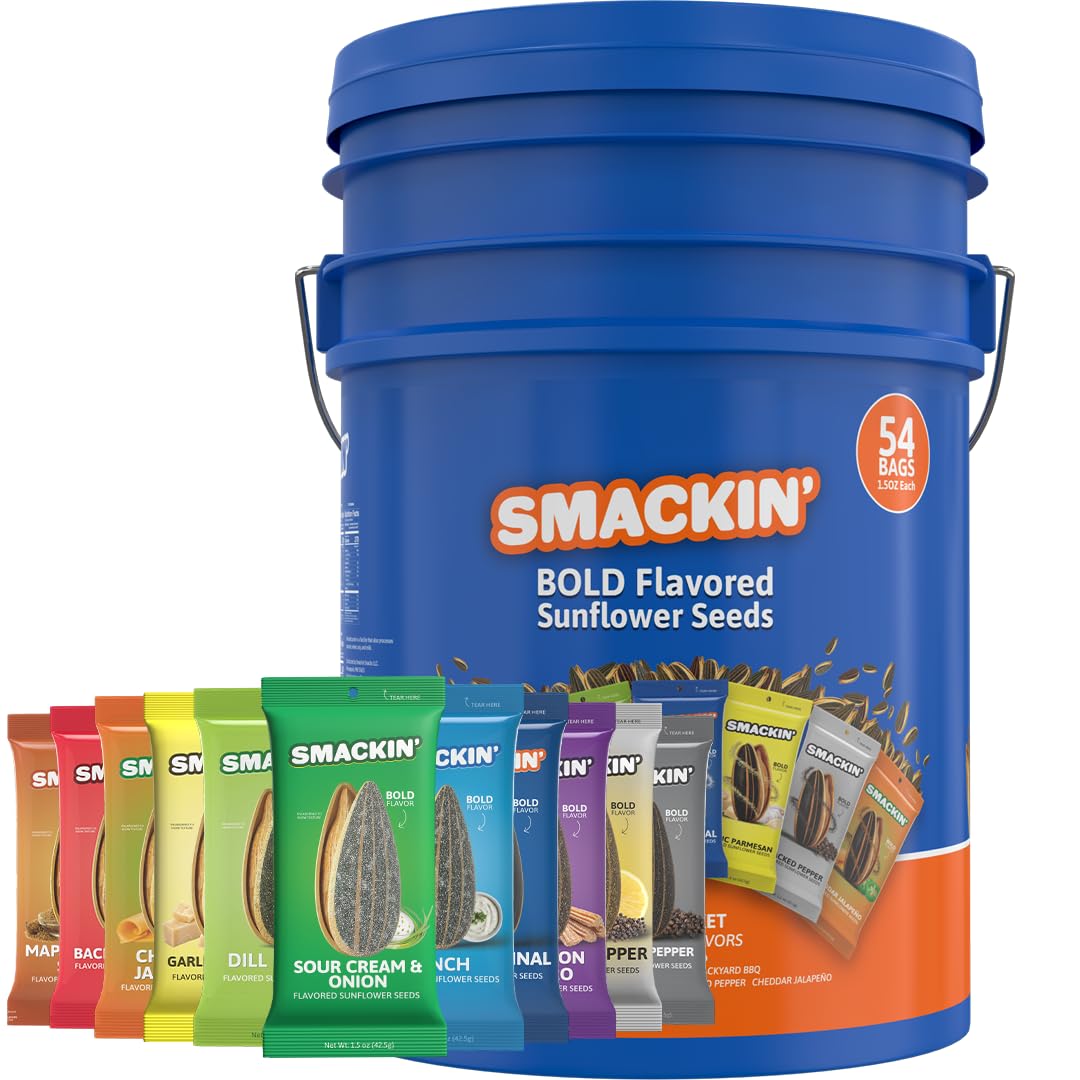 SMACKIN' Sunflower Seeds, Roasted Jumbo Small-Batch, American Made - 8 Flavor Variety. 1.5oz bags (54 Pack Bucket)
