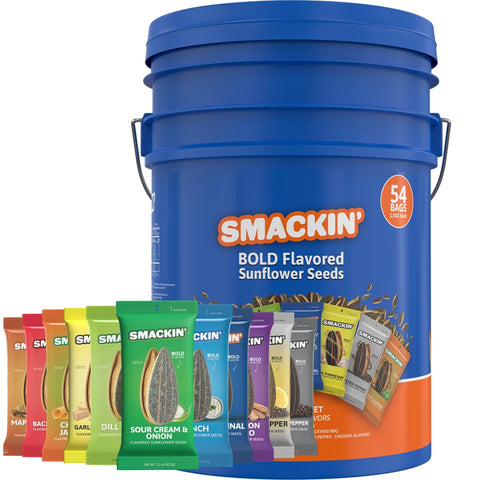 SMACKIN' Sunflower Seeds, Roasted Jumbo Small-Batch, American Made - 8 Flavor Variety. 1.5oz bags (54 Pack Bucket)
