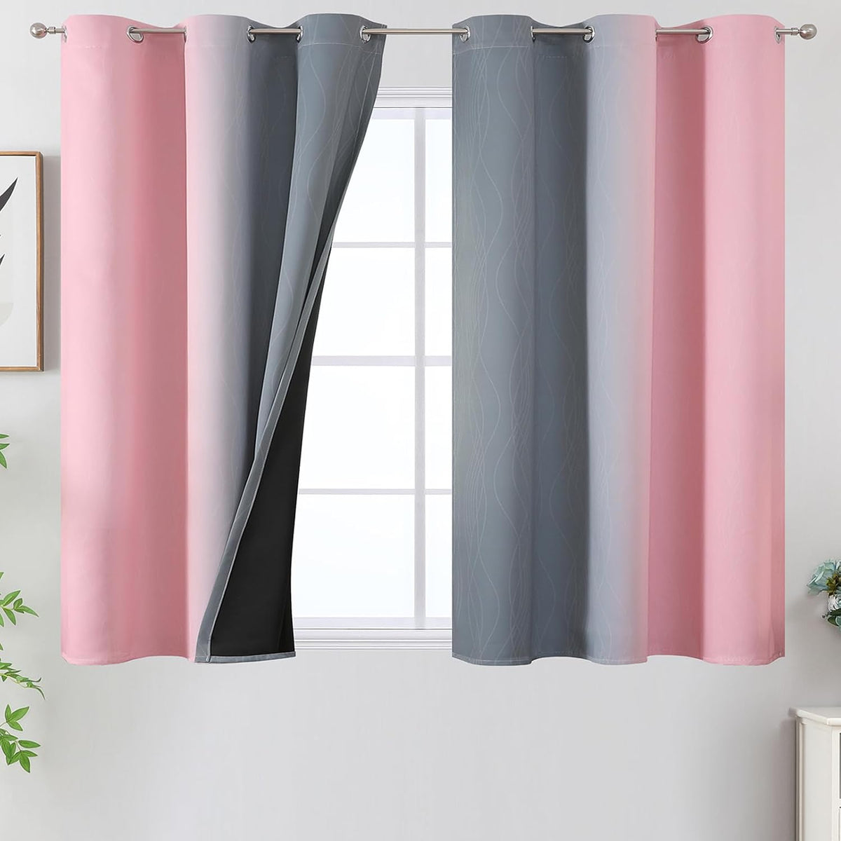 Pink and Gray Ombre Blackout Curtains for Bedroom 45 Inch Long 2 Panels