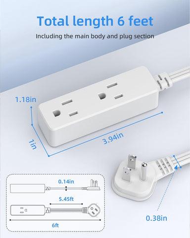 Flat Plug Extension Cord with 3 Outlets - 6 ft White Low Profile Indoor 3 Prong Grounded Power Strip for Home Office & Travel - 16/3 AWG, 13A/1625W