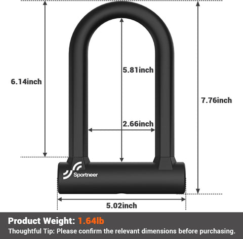 Sportneer Bike Lock: Heavy Duty Anti Theft Bike U Lock with 5ft Security Steel Cable - 17mm Shackle Bicycle U-Locks with 2 Keys & Mounting Bracket for Road Mountain Bike, Size 7.76''x5.02'', 1.64lb