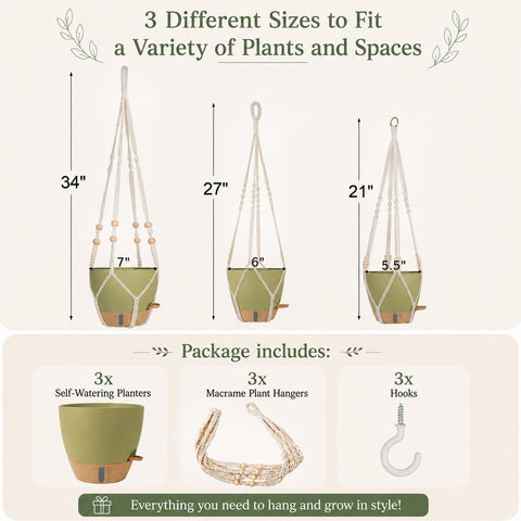 Bouqlife 3 Pack Hanging Planters for Indoor Plants Macrame Plant Hangers with Self Watering Flower Pots, 3 Different Size (Sage Green, Medium)