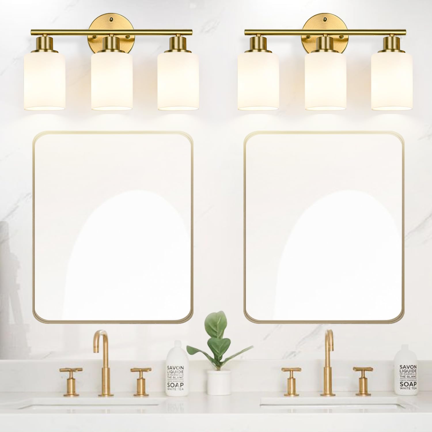 Zarbitta 3-Light Bathroom Light Fixtures, Brushed Gold Vanity Light, Farmhouse Wall Lights with Milky White Frosted Glass Shades, Bathroom Wall Lamp for Mirror Kitchen Bedroom Hallway Living Room