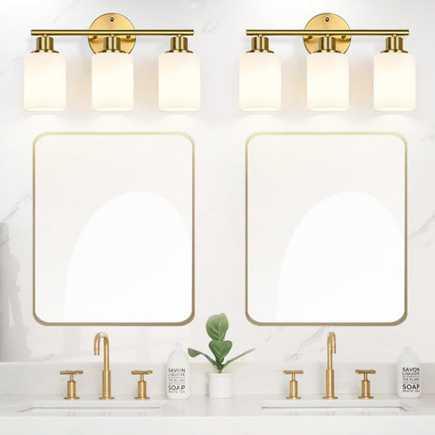 Zarbitta 3-Light Bathroom Light Fixtures, Brushed Gold Vanity Light, Farmhouse Wall Lights with Milky White Frosted Glass Shades, Bathroom Wall Lamp for Mirror Kitchen Bedroom Hallway Living Room